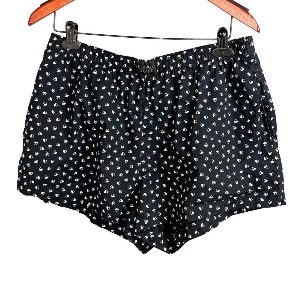 Victoria's Secret Heart Print Pajama Shorts Black Cotton Lounge Pockets Large